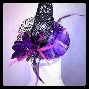 Purple witch hat floral glitter feather fascinator